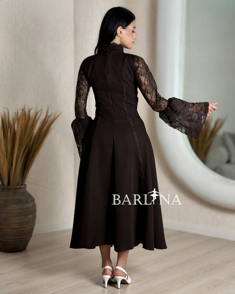 Elegant dark brown dress with lace details