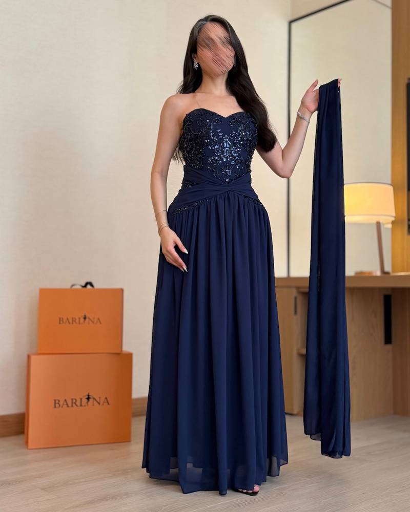 Navy Embroidered Evening Dress with Shawl