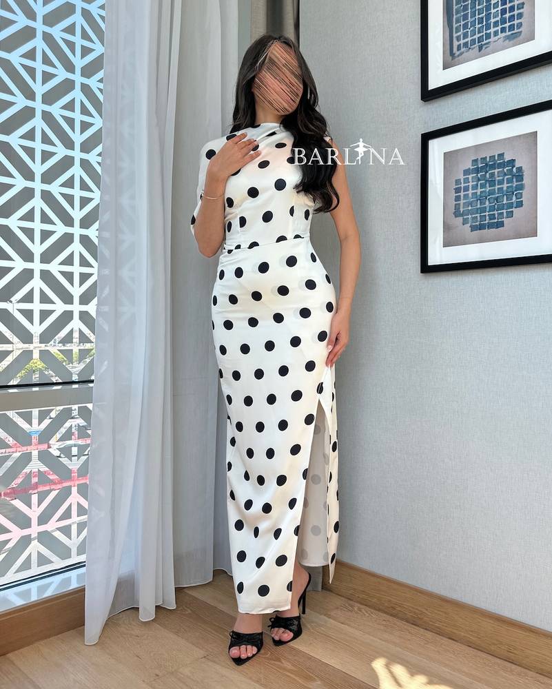 White one-shoulder polka-print dress