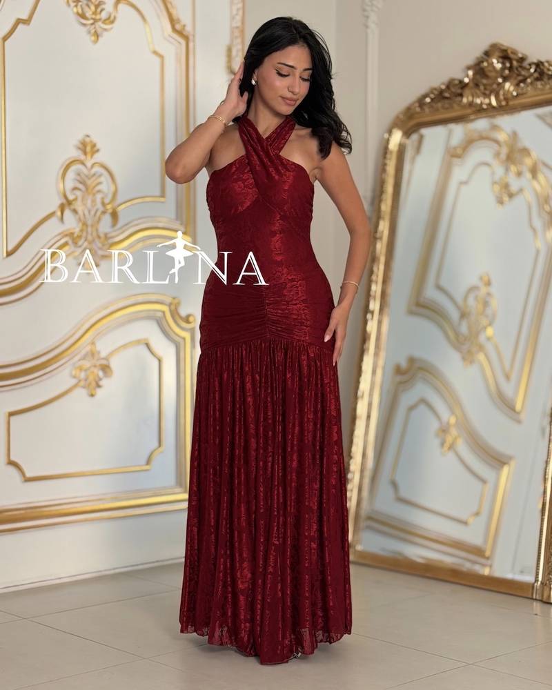 Halter neck evening dress with patterned fabric