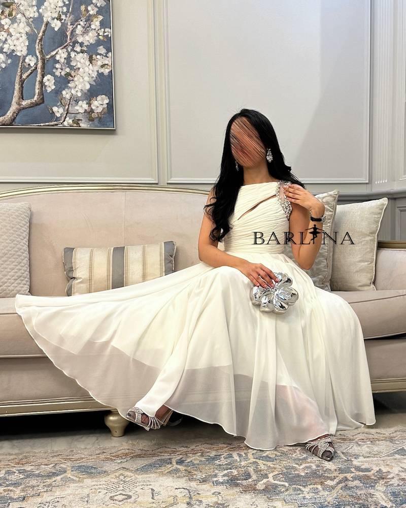 Off White Georgette Midi Dress with Crystal Shoulder