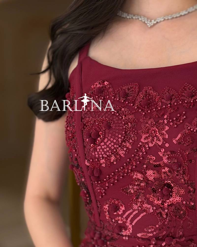 Burgundy dress, fully embroidered with shimmering details
