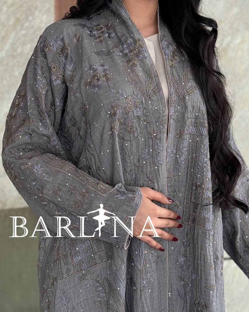 Grey abaya decorated with finely distributed embroidery