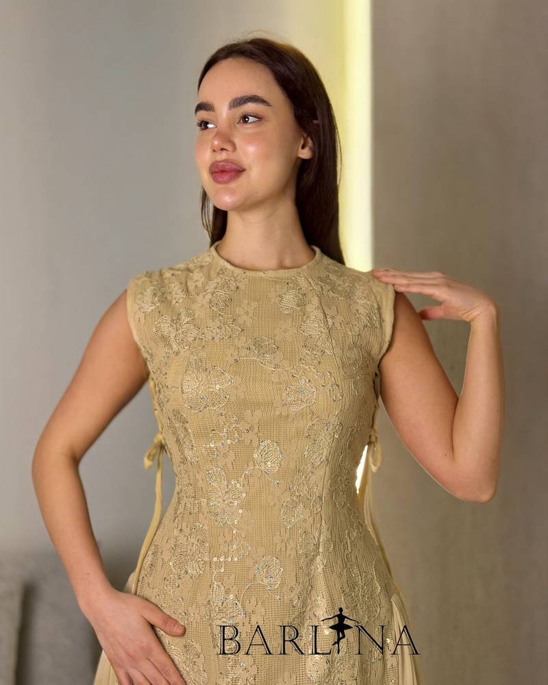 Dark beige lace dress with side tie