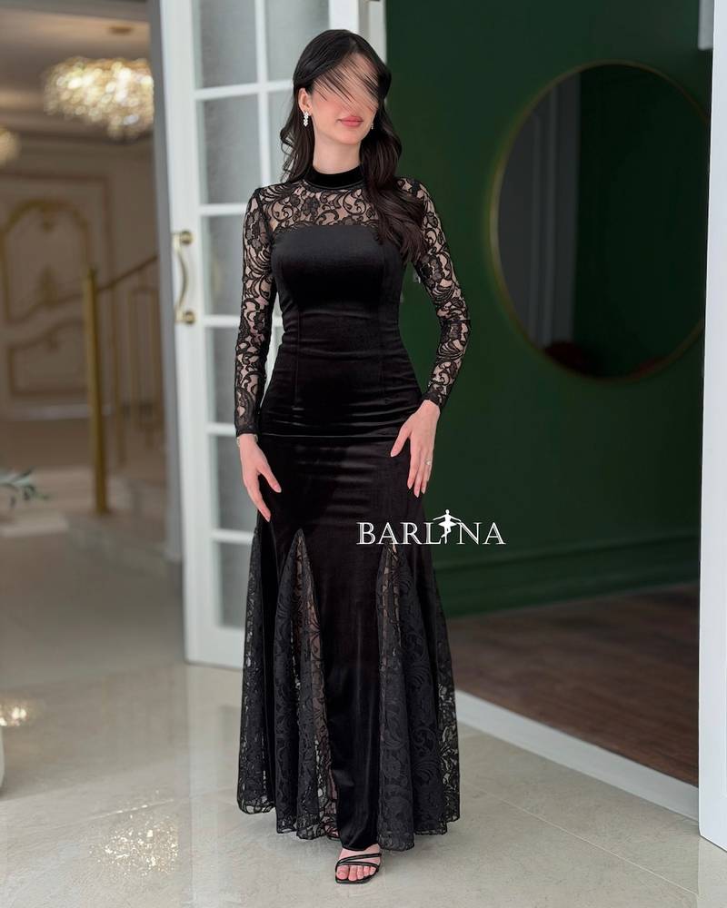 Black velvet dress with sheer lace sleeves