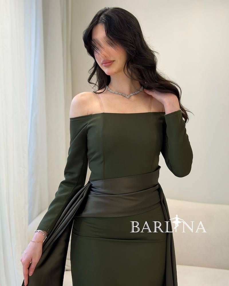 off-shoulder olive dress with side trains
