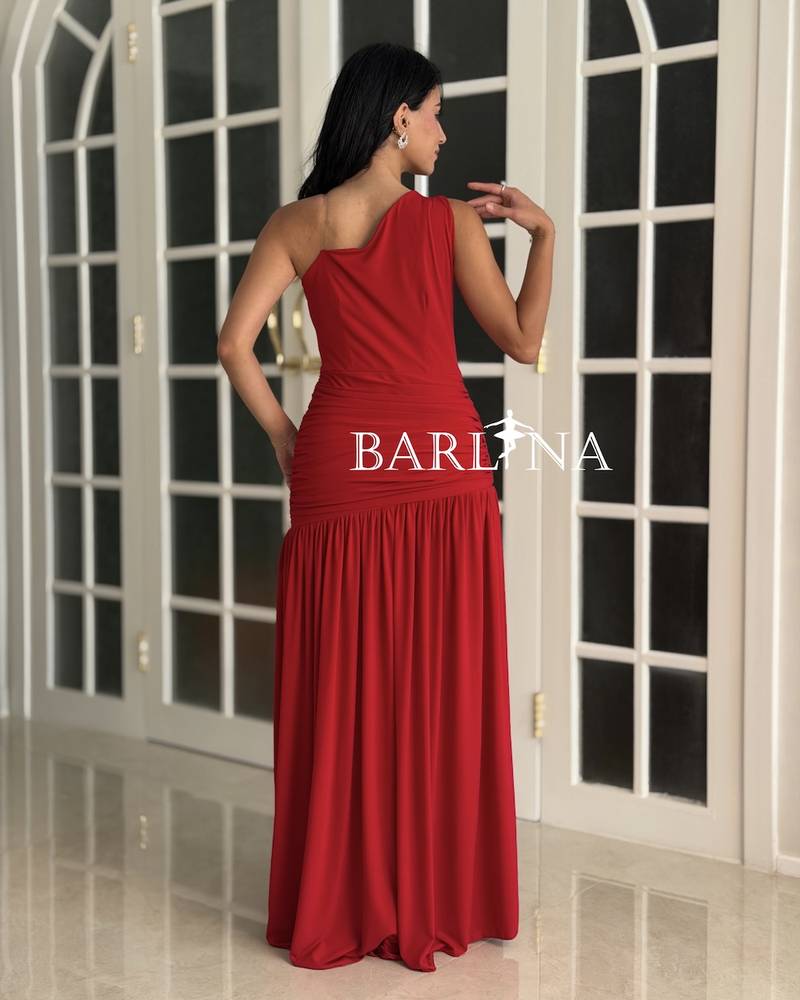Red one-shoulder dress with pleats and a gathered waist