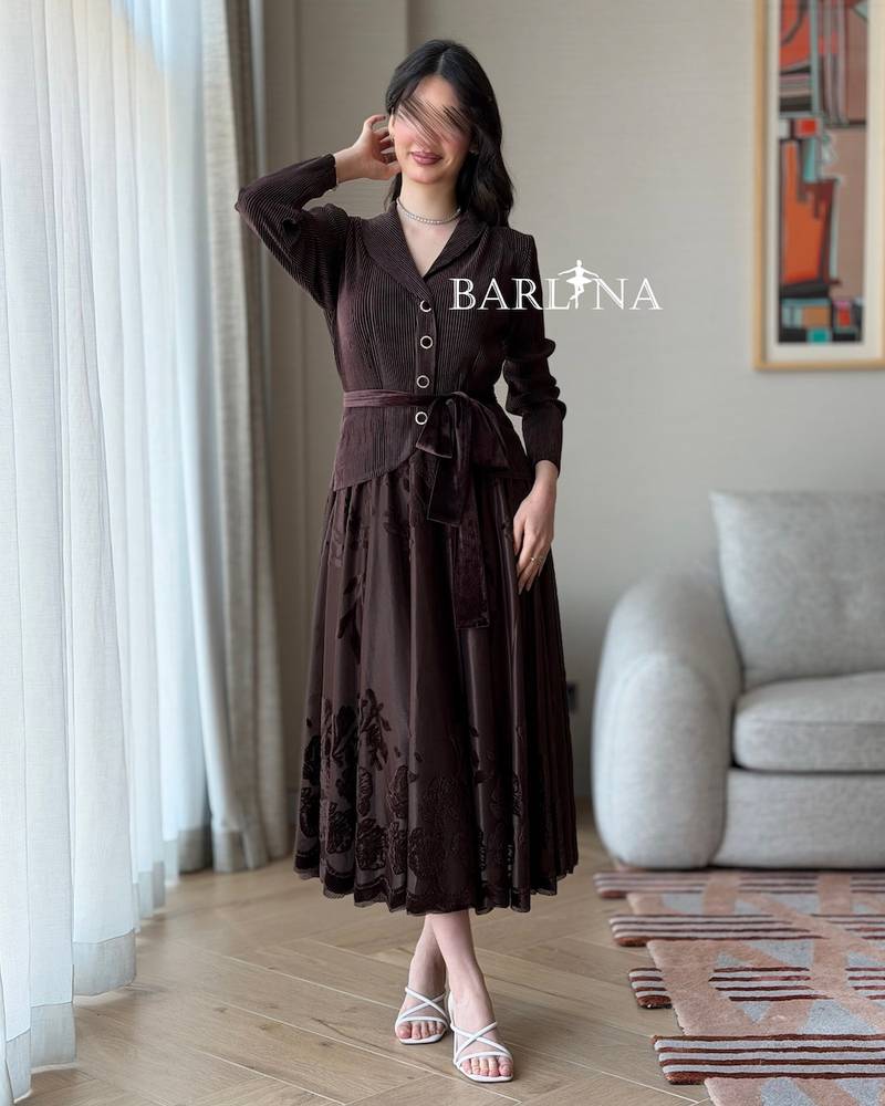 Dark brown blazer dress with a fabric belt