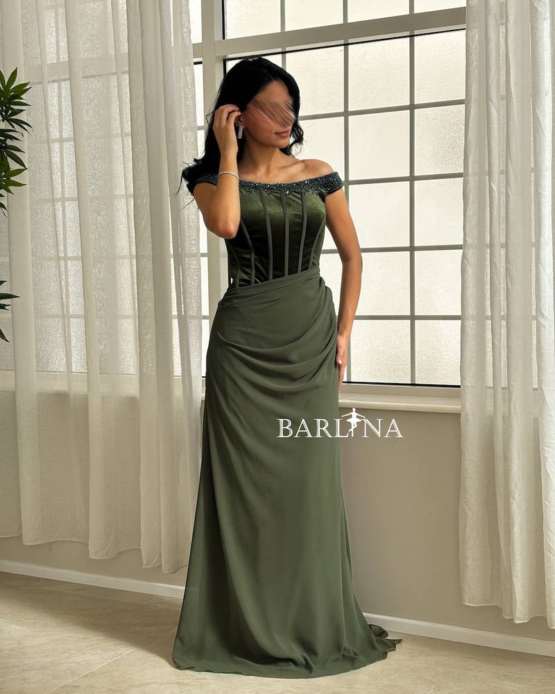 Olive green corset dress with side pleats