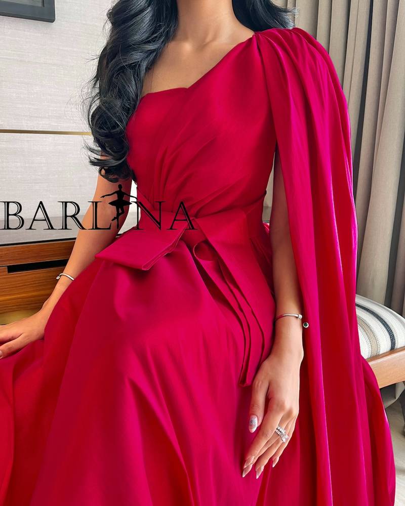 Soft red midi dress with one shoulder long