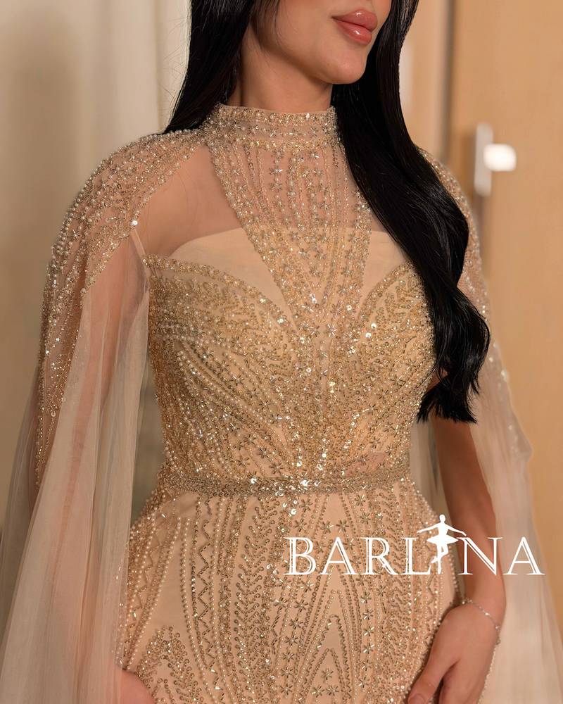 Gold evening dress embroidered with crystals and sequins