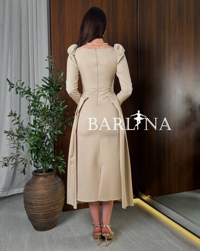 Soft beige midi dress with side pleats