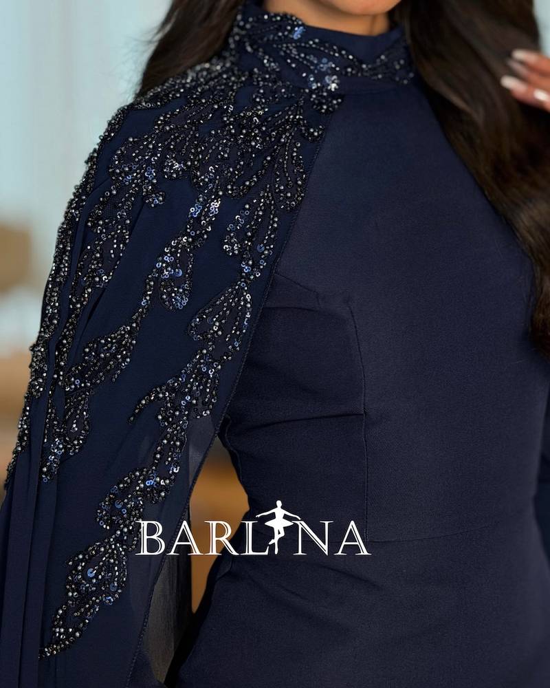 Navy dress with embellished shoulders