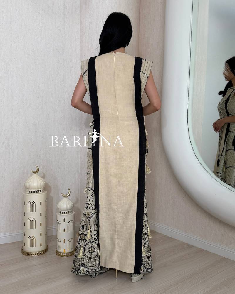 Beige jalabiya with artistic black embroidery and stripes