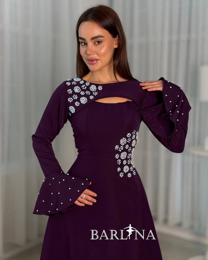 Dark purple two-piece dress with bell sleeves