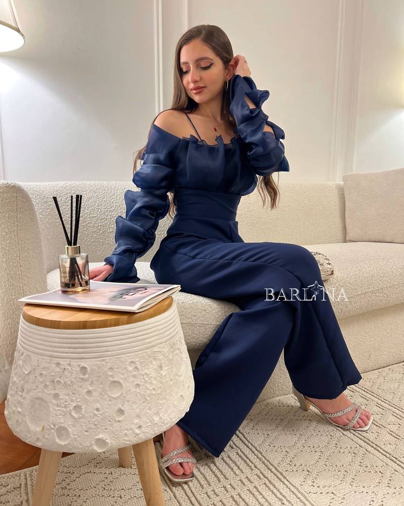 Navy jumpsuit with puffed sleeves