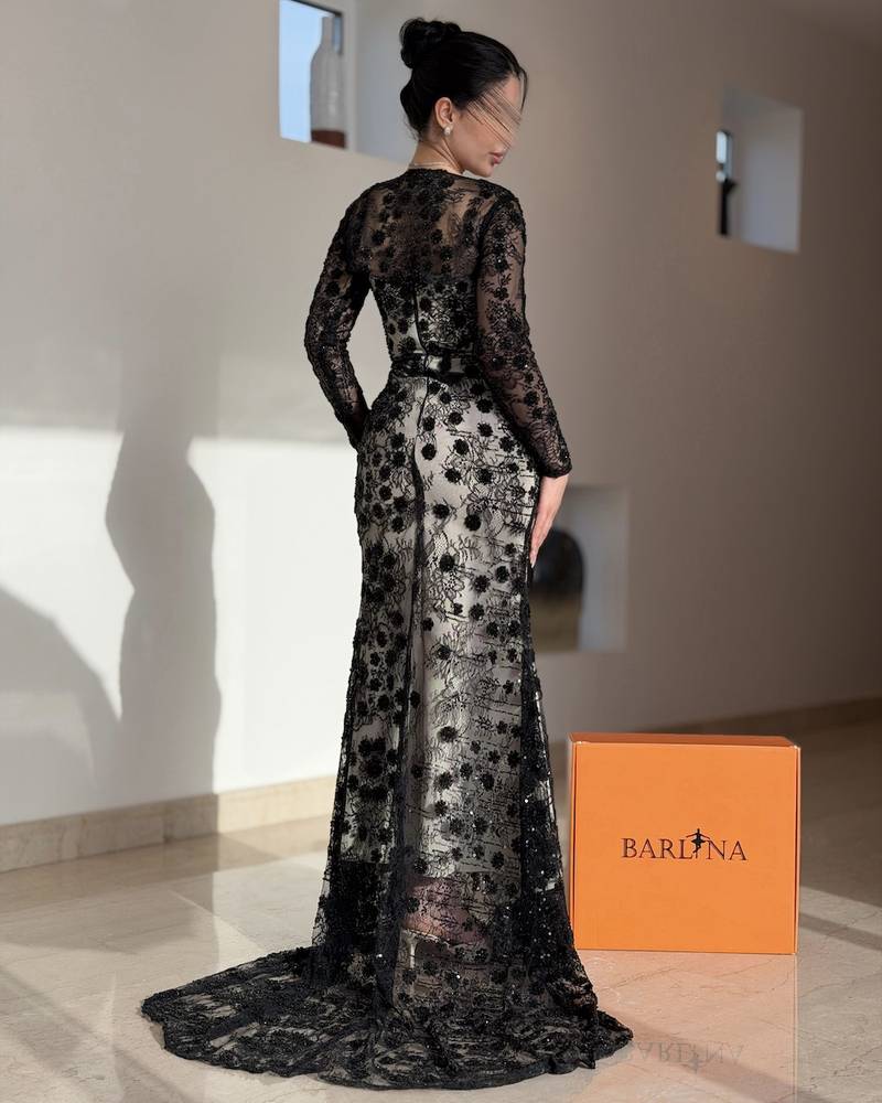 Black lace evening dress with detachable sleeves