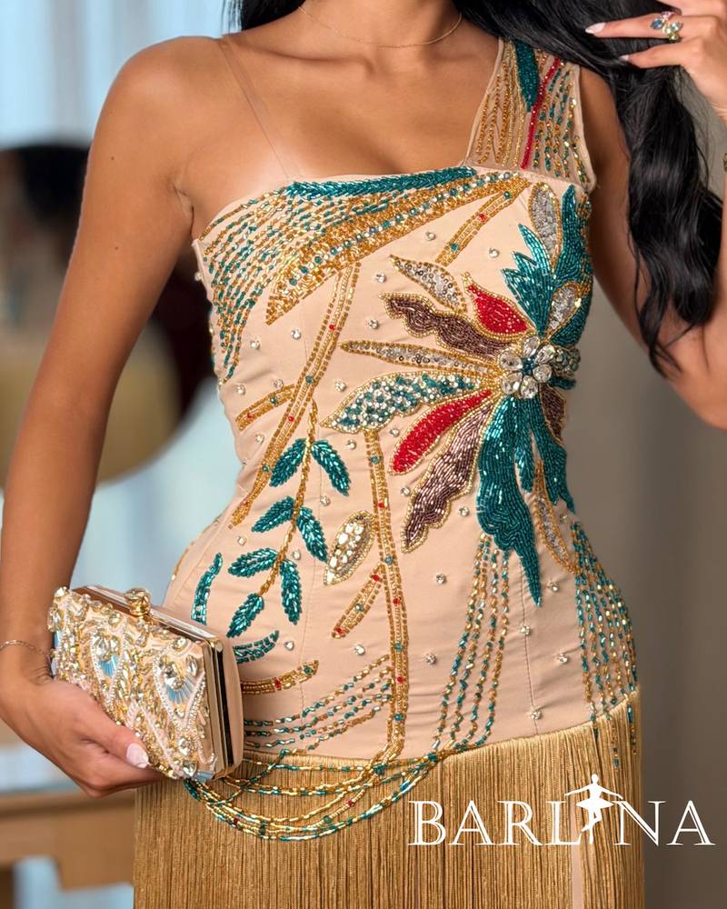 A dress with a luxurious design and colorful embroidery