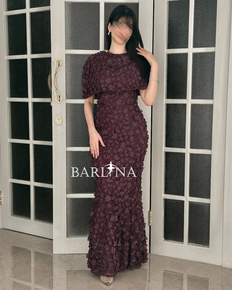 Burgundy floral dress with a separate short cape