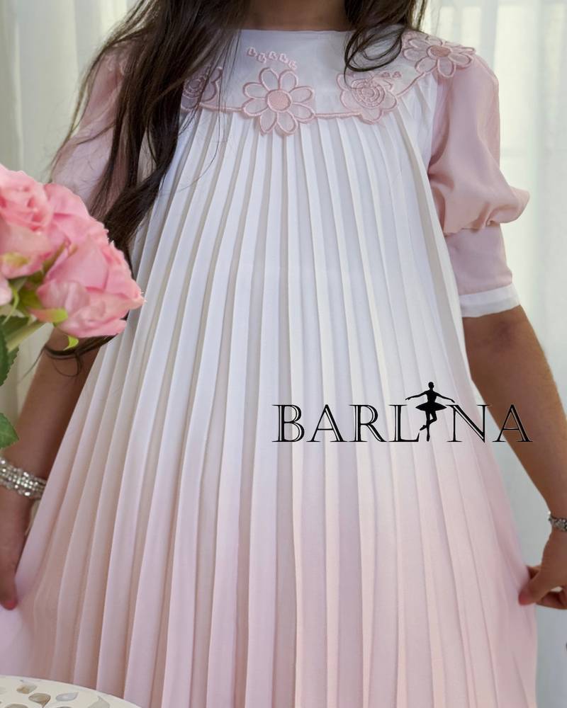 A soft, pleated girl's dress with embroidered flowers