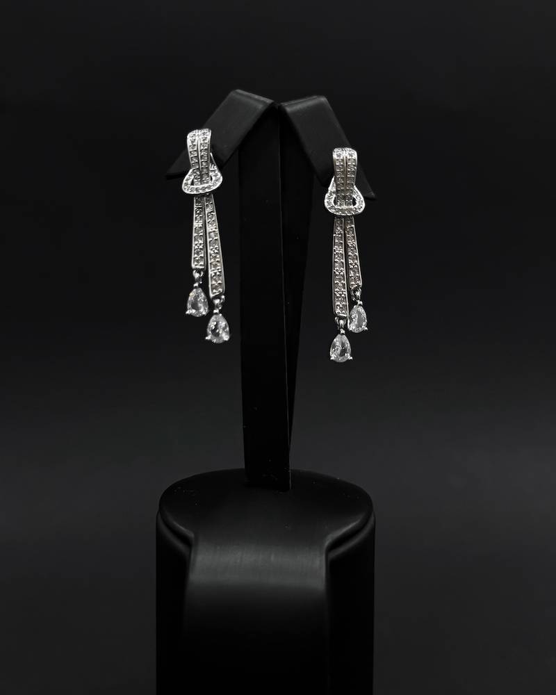 Long silver earrings with an elegant double-layered design