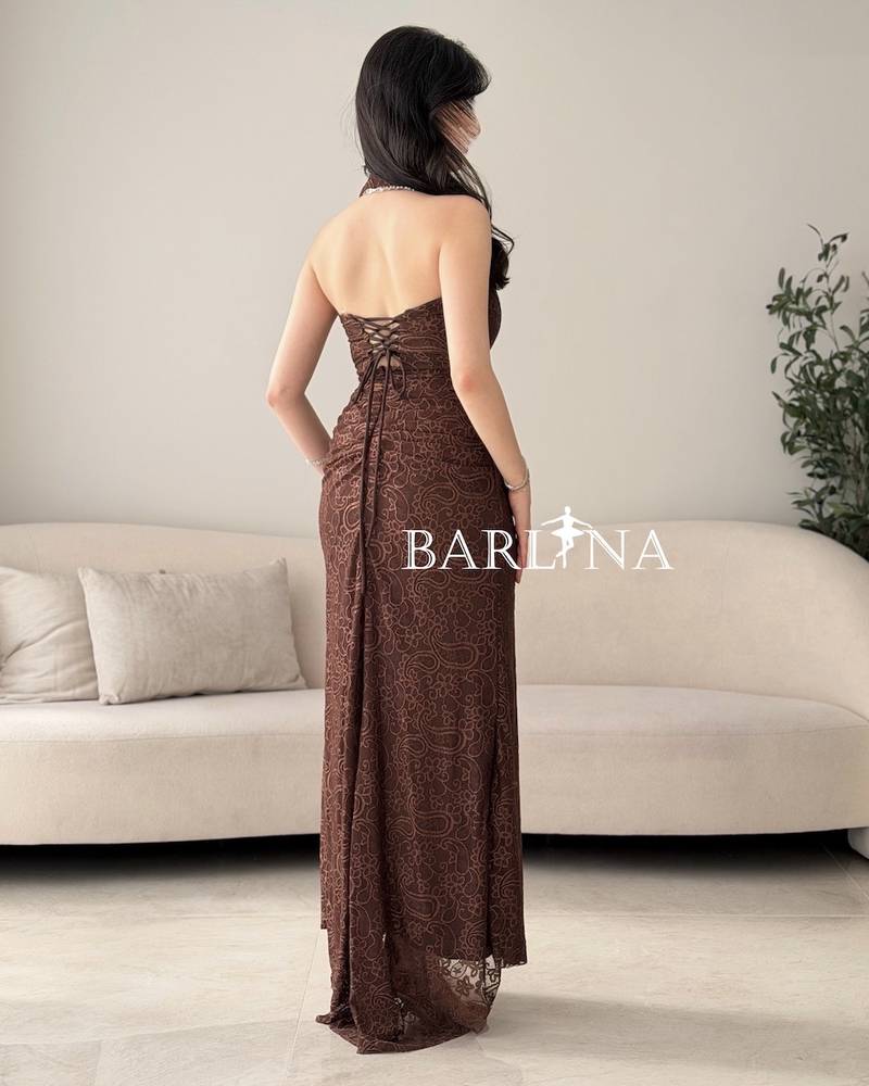 Brown soft lace dress with a halter neck