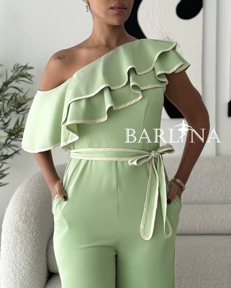 Apple jumpsuit with shoulder ruffles