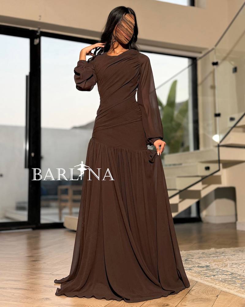 Soft brown dress with long sleeves and soft pleats