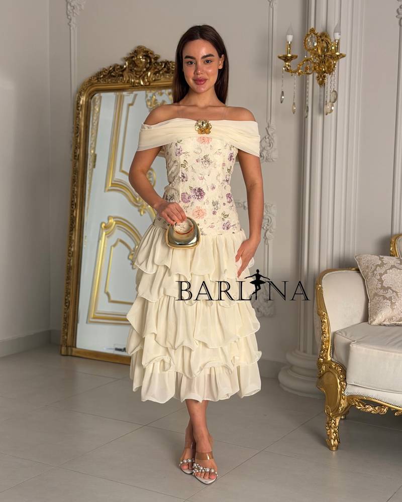 Off-white floral dress with layered underskirts