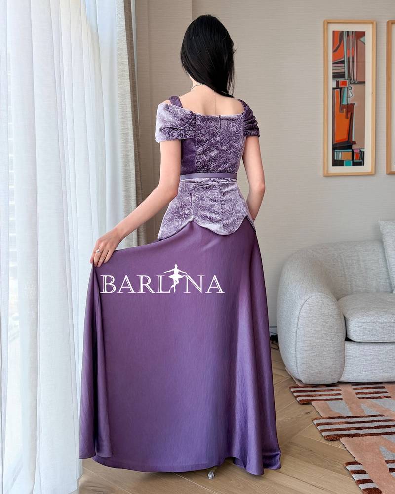 Lilac dress adorned with velvet rose patterns