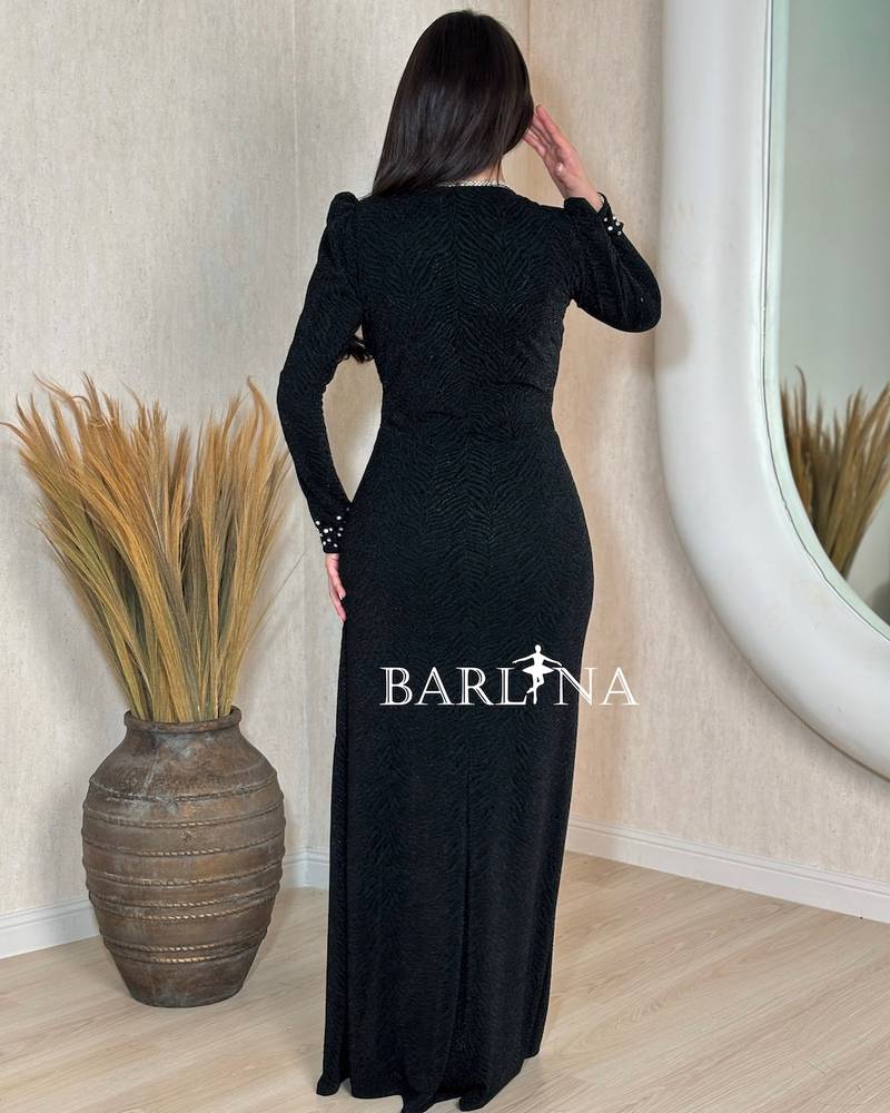 Dark green draped dress with patterned fabric