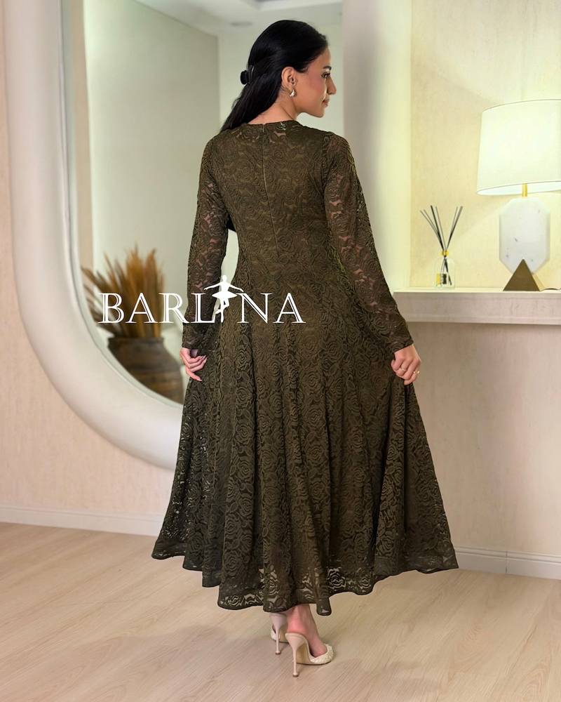Olive green lace flared dress with a round neckline