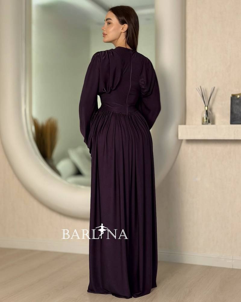 Dark purple ruched dress with wide sleeves