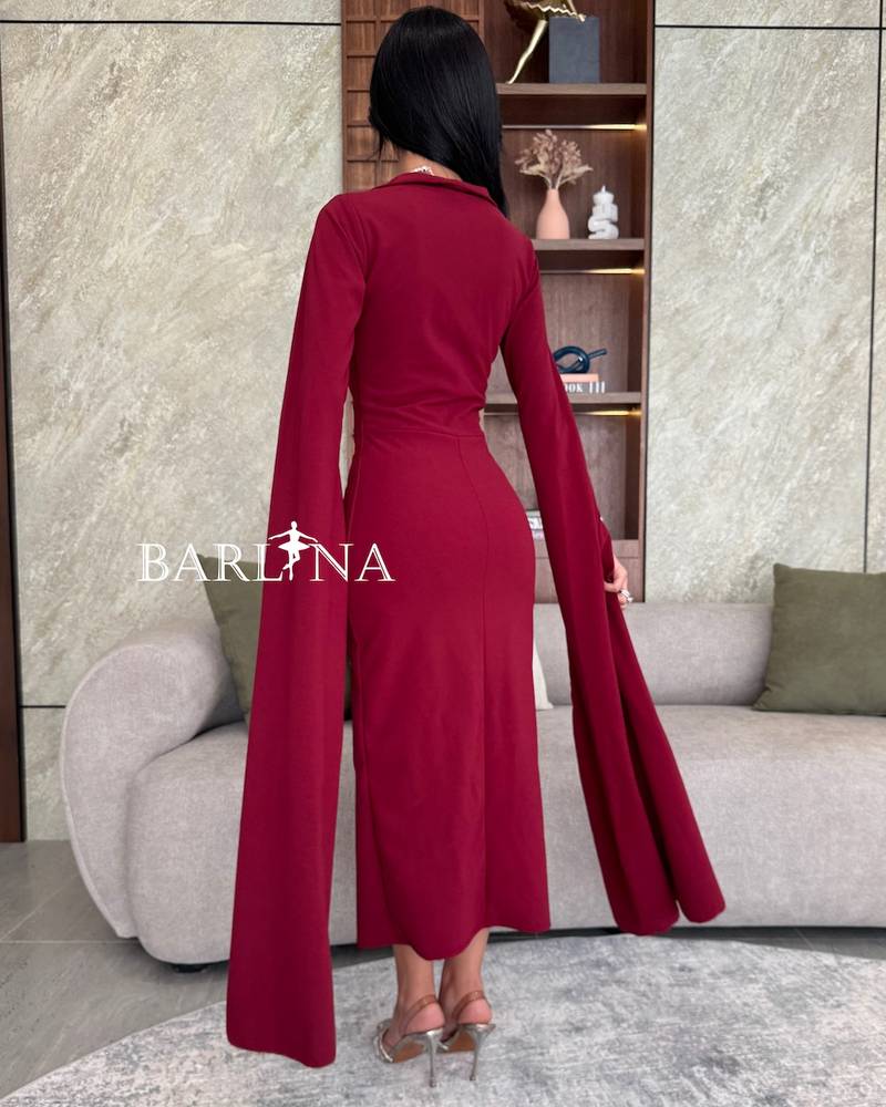 Burgundy Midi Dress with Long Loose Sleeves