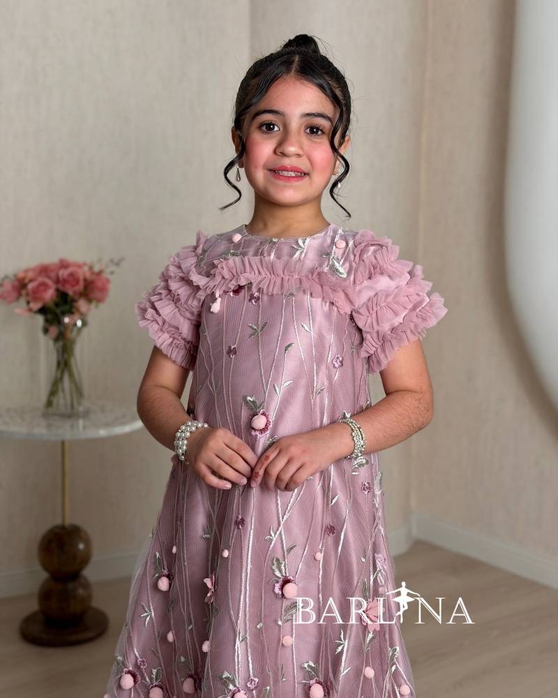 Pink embroidered girl's dress with tulle sleeves