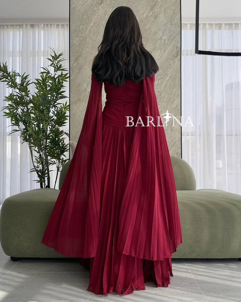 Burgundy flowy dress with pleated sleeves