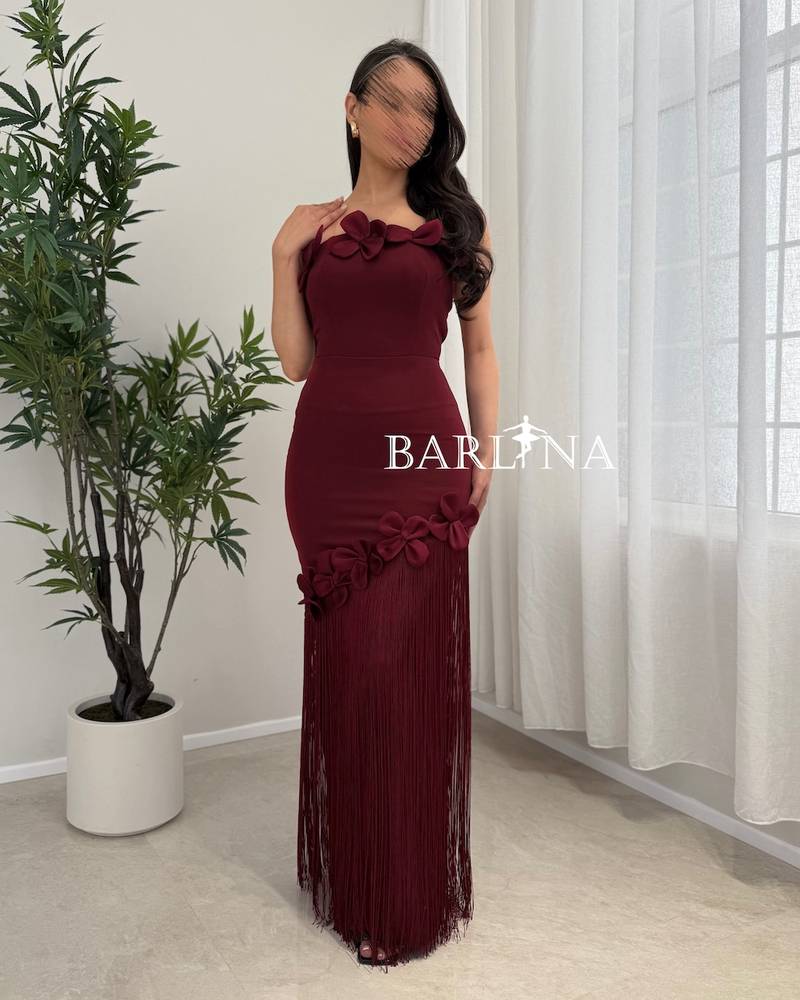 Burgundy dress with roses and fringed ends