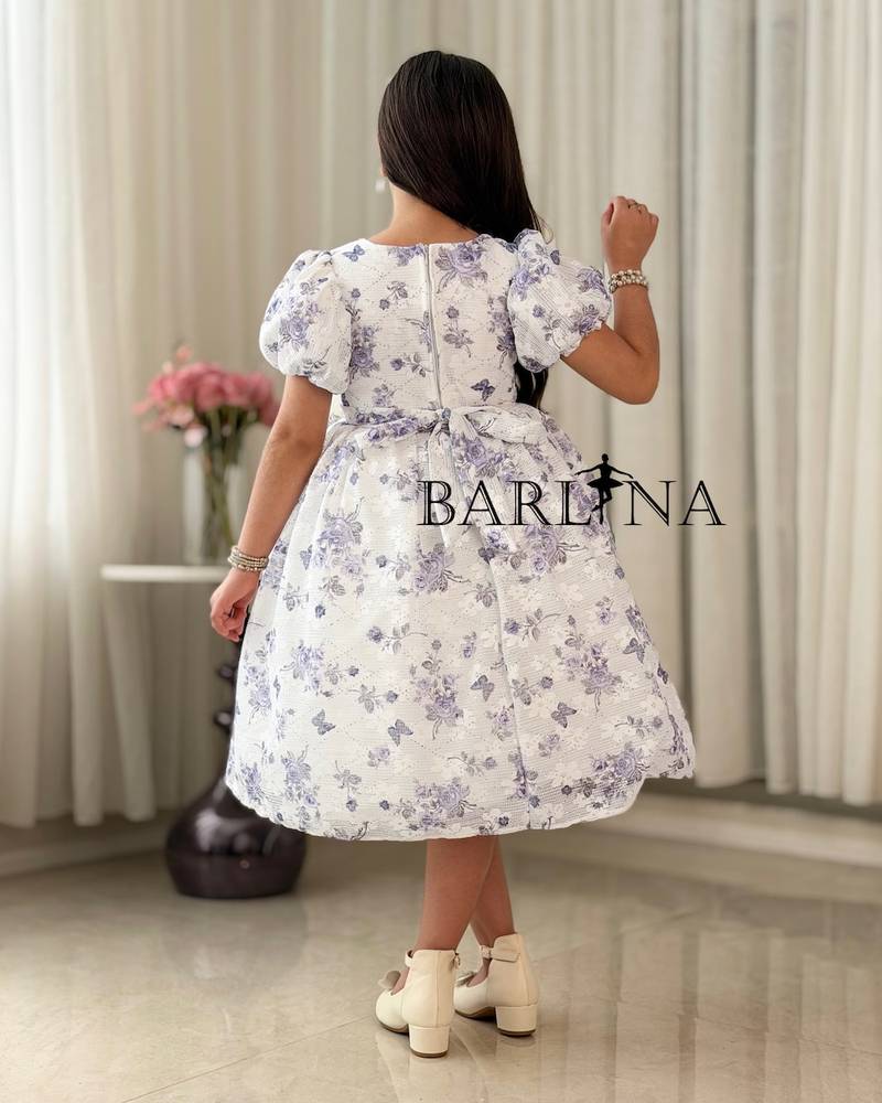 Girls' fluffy dress with a purple floral print