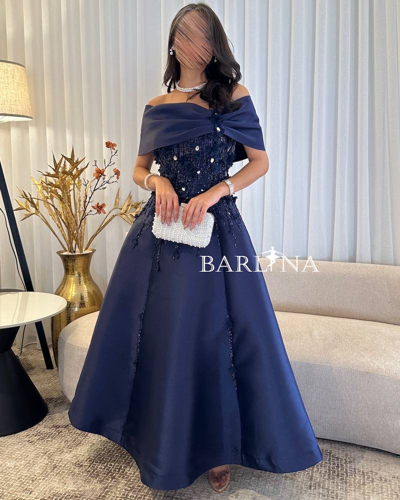 Mikado Off Shoulder Navy blue Midi Dress
