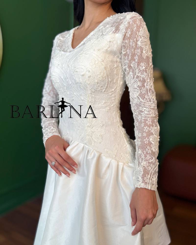 White lace short dress with sheer sleeves