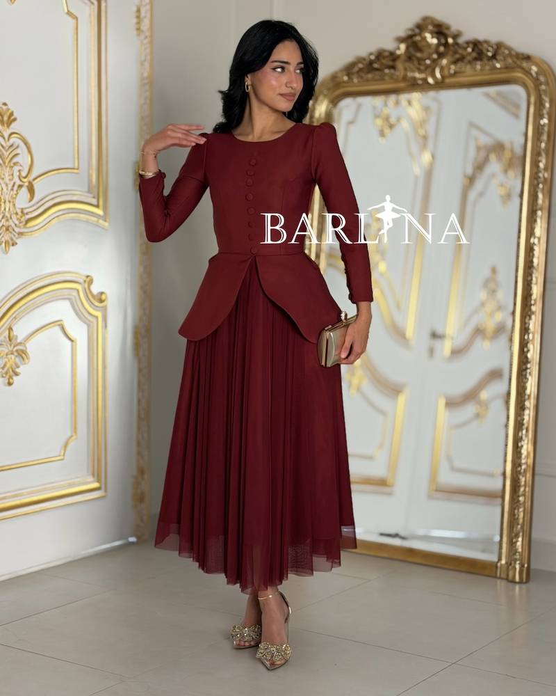 Burgundy midi dress with pleats and elegant detailing