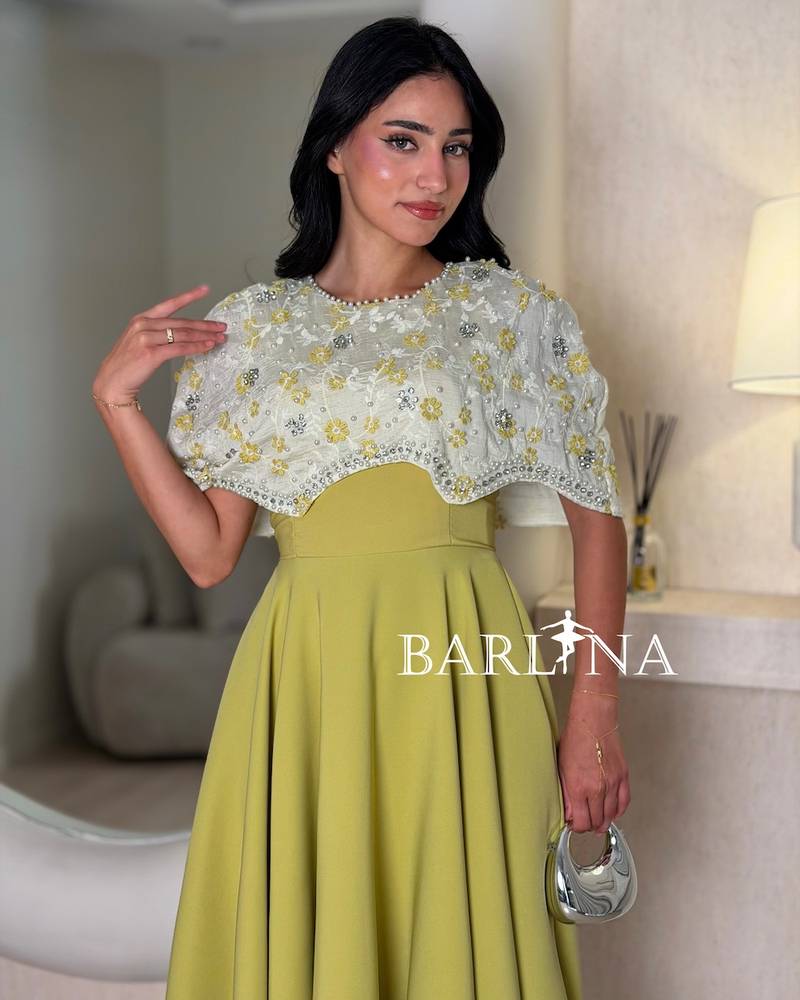 Elegant apple-colored dress with embroidered top