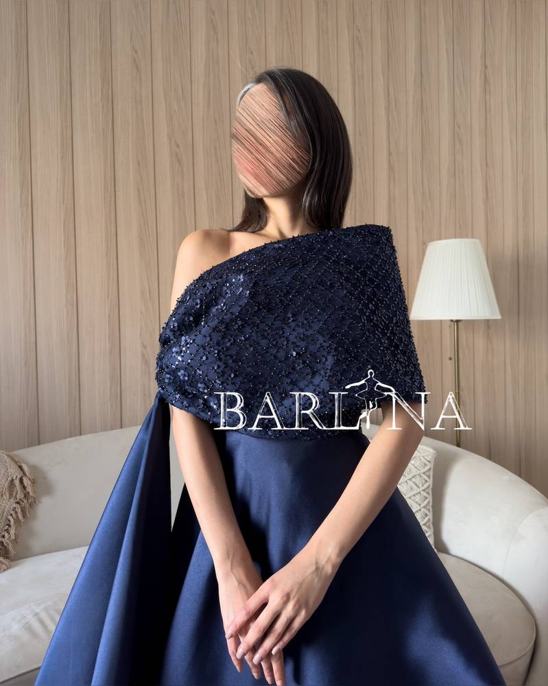 Wide shoulder navy blue dress