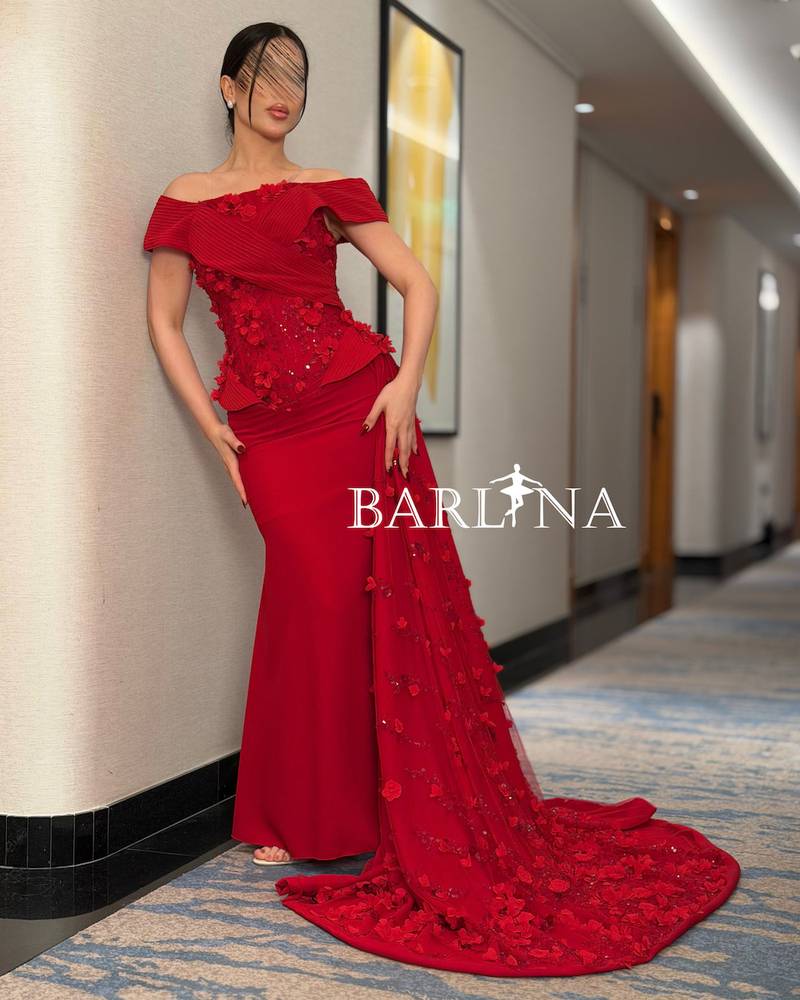 Burgundy off-shoulder evening dress with embroidered train