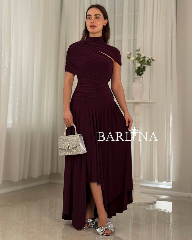 Soft burgundy dress with a slanted neckline
