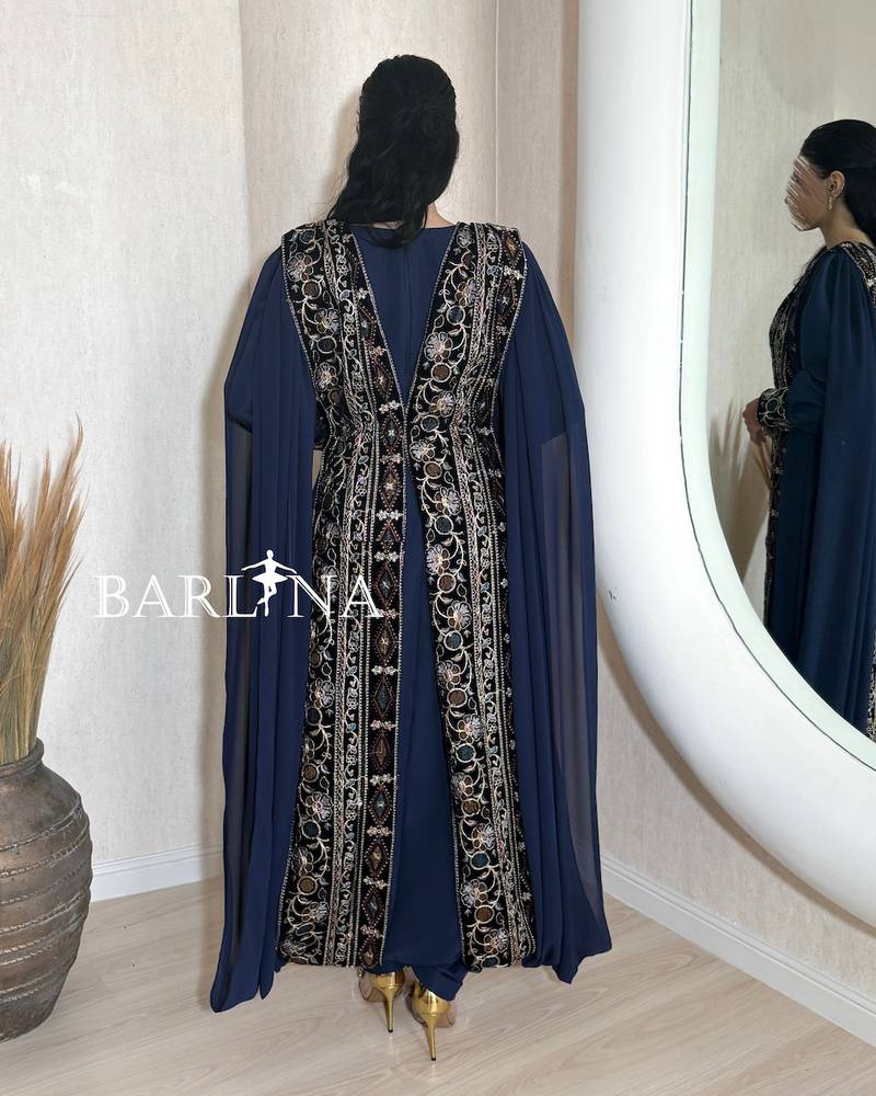 Luxurious navy blue jalabiya with exquisite embroidery