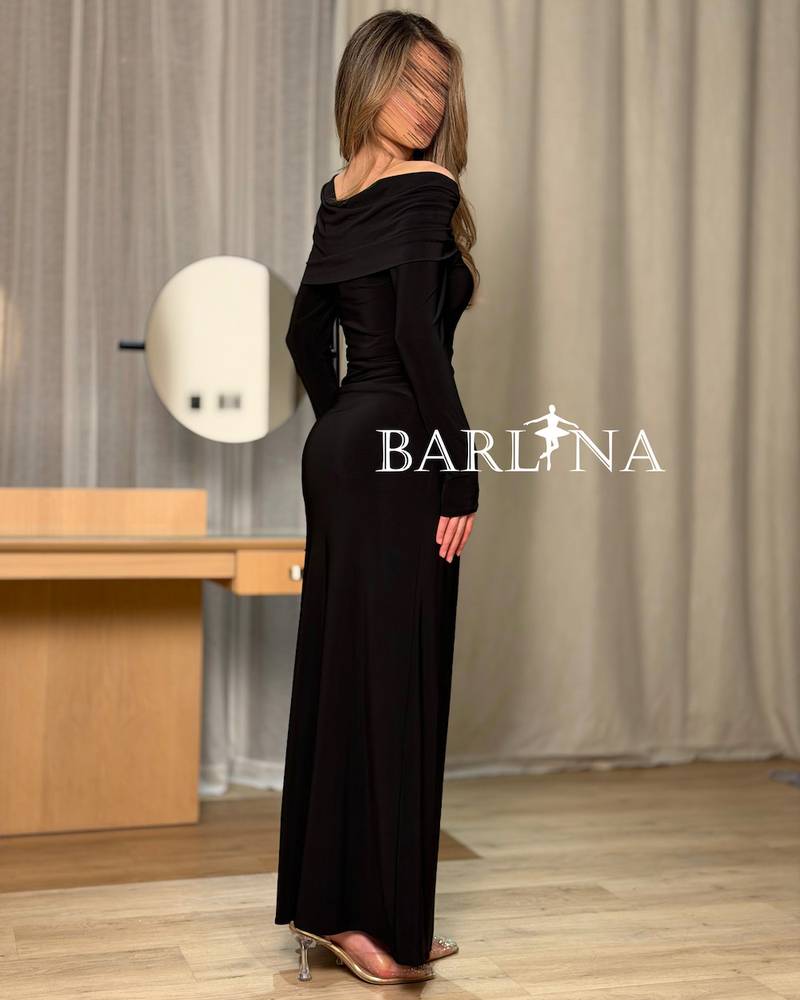 Black off-shoulder dress with long sleeves