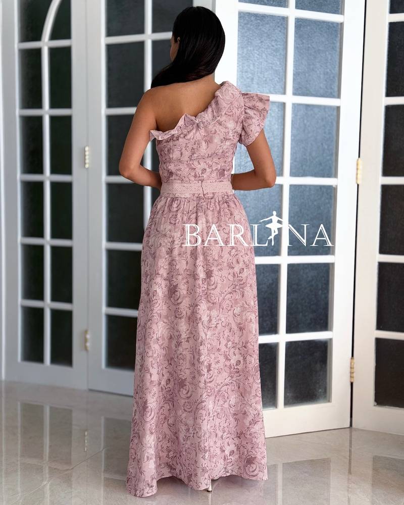 feminine pink one-shoulder embellished set