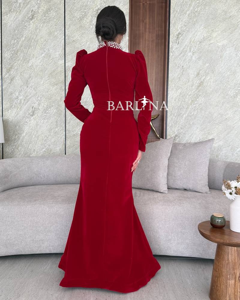 Red velvet dress with crystal collar