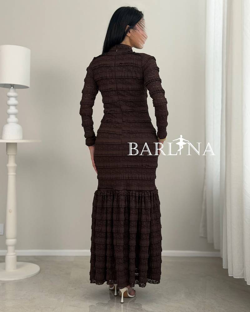 Dark brown lace dress with a choker collar